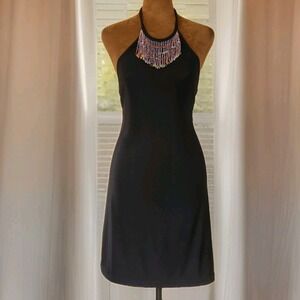 Vintage Y2K 90s Dress City Triangles Size S Beaded‎ Fringe Halter Stretch Black